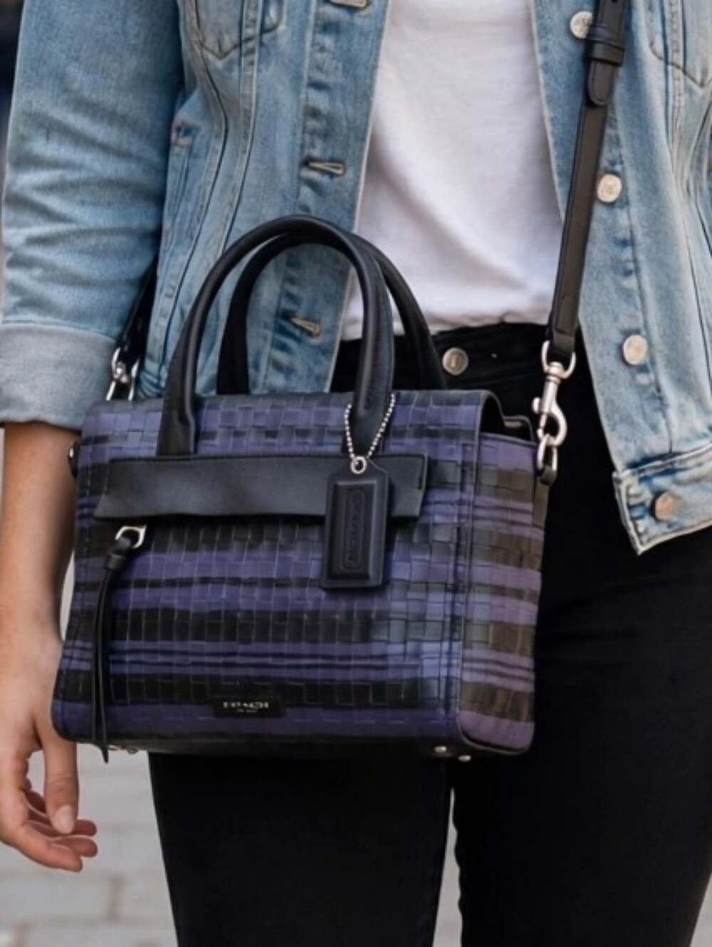 Coach Black and Purple Plaid Small Satchel with Crossbody Strap
